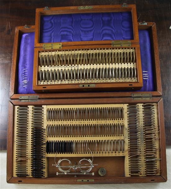 A late Victorian mahogany cased optometrist set by Pickard & Curry, overall 19.75in.